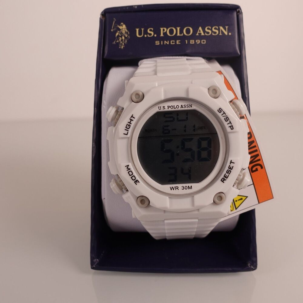U.S. Polo Assn. Men's Watch Digital Quartz Display White Silicone Band New